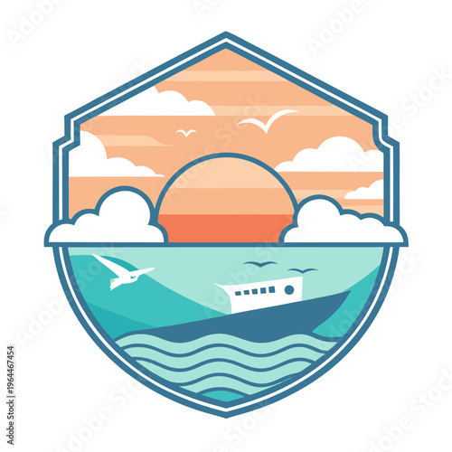 travel, transportation, sunset, shield logo, ocean view