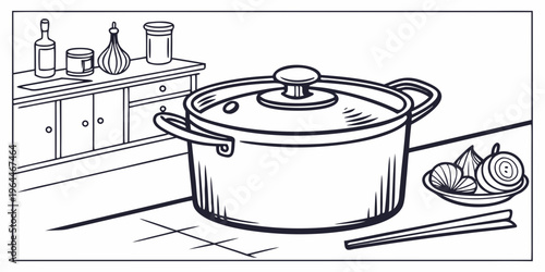 A line art illustration of a cooking pot with a lid on a kitchen countertop next to a plate of food and chopsticks, with a kitchen cabinet in the background.
