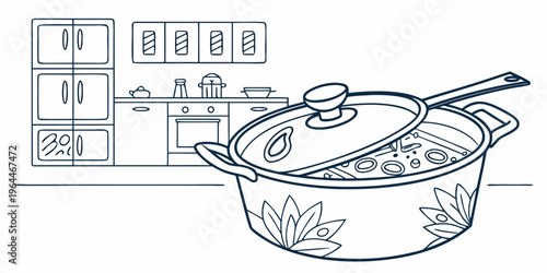 A line art illustration of a cooking pot with a lid and spoon in a kitchen setting with cabinets and appliances, ready for culinary use.
