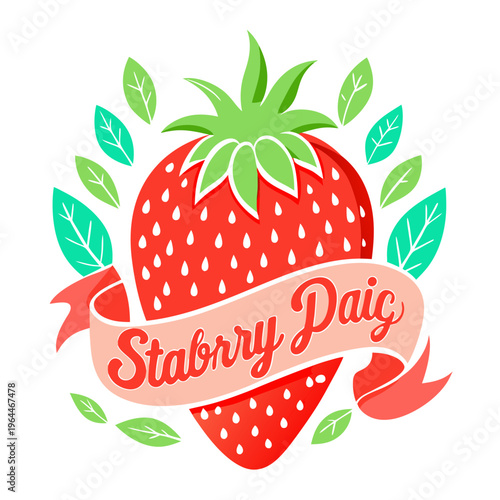 Vibrant Strawberry Pie Logo Design with Fresh Fruit and Green Leaves on Pink Ribbon