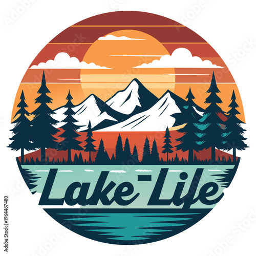 Vintage Lake Life Retro Badge with Mountain Sunset and Pine Trees in Circular Design