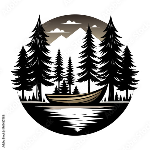 Minimalist Silhouette of Canoe on Moonlit Lake in Pine Forest at Night