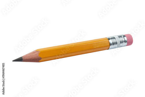 Realistic yellow pencil with pink eraser and silver band on transparent background