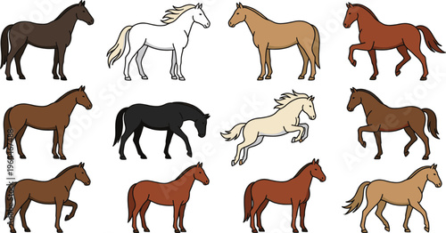 Various Cartoon Horse Illustrations in Different Poses and Colors, Featuring Galloping and Standing Horses for Animal, Farm, and Digital Media Designs