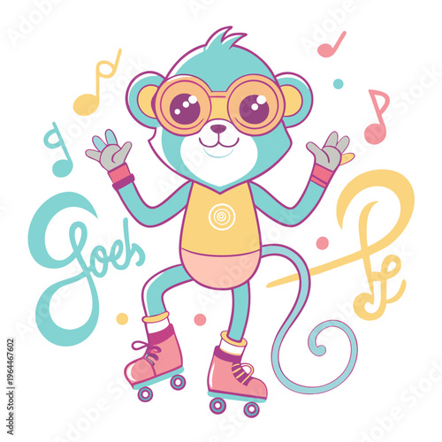Colorful cartoon monkey dancing on roller skates with music notes and treble clef for fun and entertainment design