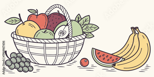 Colorful line art illustration of a wicker basket overflowing with assorted fresh fruits, surrounded by additional fruits on a plain background, perfect for healthy eating and nutrition concepts.