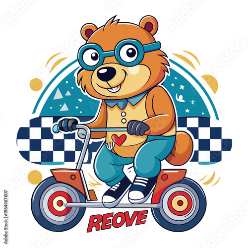 Cartoon bear riding retro motorcycle on checkered race track with victory theme