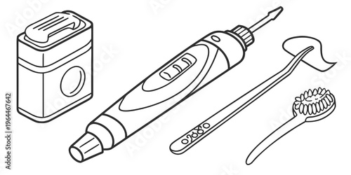 Line art illustration of dental care tools including electric toothbrush, manual toothbrush, and dental floss pick for oral hygiene and health.