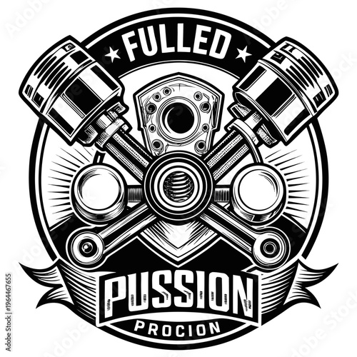 Vintage Engine Emblem with Fulled Passion Text for Automotive Enthusiasts and Car Culture Design