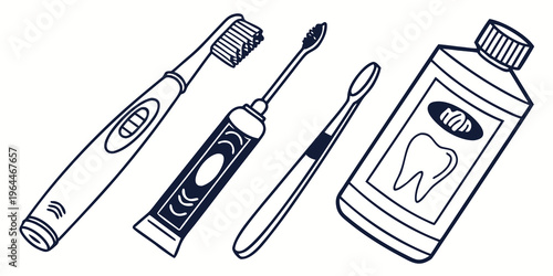 Line art illustration of dental care tools including toothbrushes and toothpaste