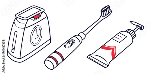 Dental care tools line art, electric toothbrush, toothpaste, and charger, for healthy oral hygiene routine, illustration