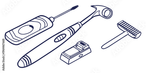 Dental care tools line art illustration, including electric toothbrush, dental mirror, and scaler for oral hygiene and professional dentistry use.