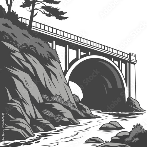 Bridge and tunnel on a rocky coastline trees