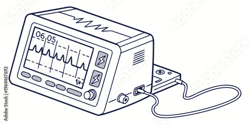 Medical device displaying a heartbeat monitor screen with ECG graph and various buttons and controls, connected to a cable, for healthcare and medical technology.