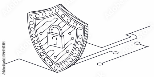 Cybersecurity shield with lock line art, protecting network from hacking threats, symbolizing data security and online safety with a futuristic design element.
