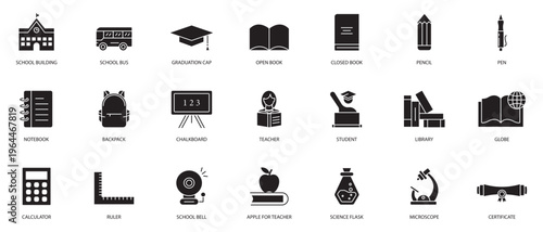 Academic and School Solid Symbols Pack Clean Minimal Vector Icons Including Study Tools Graduation Cap Teacher Resources Knowledge Concepts for Digital Education Platforms Apps Interfaces . 