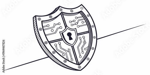Cybersecurity shield line art with circuit board design and keyhole, symbolizing data protection and online security in a modern, technological context.