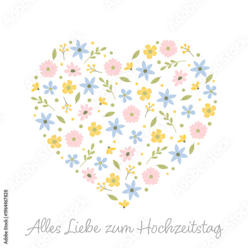 Alles Liebe zum Hochzeitstag. Quadratische Grußkarte mit einem Herz aus Blüten und Blättern in Pastellfarben.