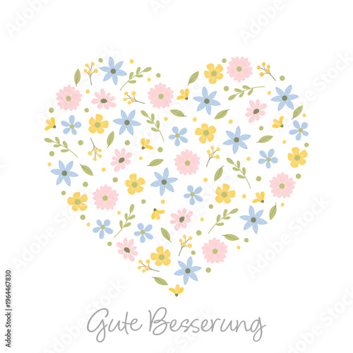 Gute Besserung. Quadratische Genesungskarte mit einem Herz aus Blüten und Blättern in Pastellfarben.