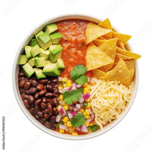 Colorful burrito bowl with avocado beans cheese and tortilla chips on transparent background