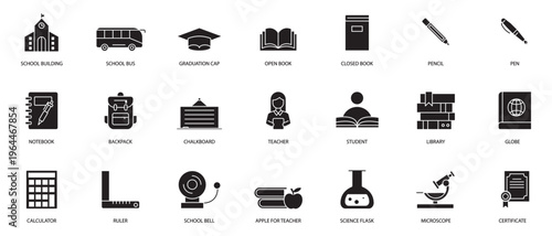 Academic and School Solid Symbols Pack Clean Minimal Vector Icons Including Study Tools Graduation Cap Teacher Resources Knowledge Concepts for Digital Education Platforms Apps Interfaces . 