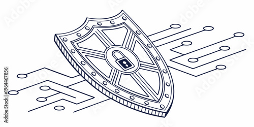 Line art illustration of a cybersecurity shield with circuit board design elements, symbolizing data protection and online security measures.