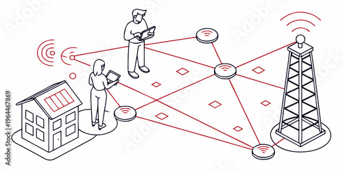 Digital communication network illustration with people and devices connected wirelessly through a cell tower and router.