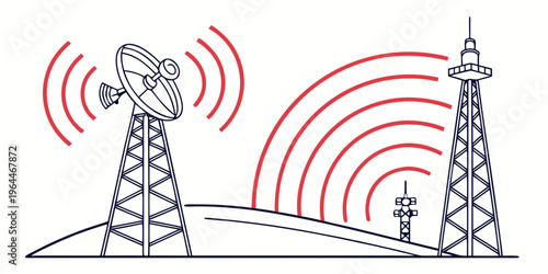 Digital communication towers with satellite dish and signal waves transmitting data.