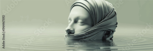 Surreal serene face wrapped in fabric emerging from calm water, minimalist teal illustration of mindfulness, silence and inner reflection