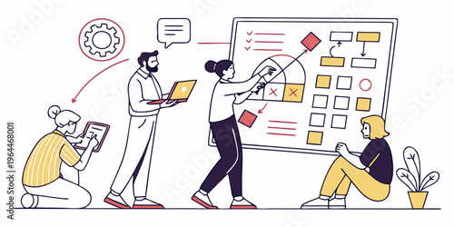 Business strategy planning and collaboration, team working on project management and marketing tactics on a whiteboard with sticky notes and flowchart, line art style illustration.