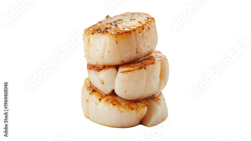 Stack of seared scallops seafood cooked isolated on a transparent background