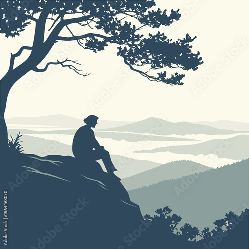 Man sitting on cliff overlooking mountains landscape