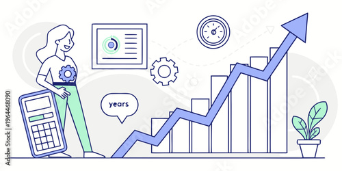 Businesswoman analyzes financial growth chart with line graph, calculator, and documents, symbolizing success and strategy in a professional setting with upward trend.