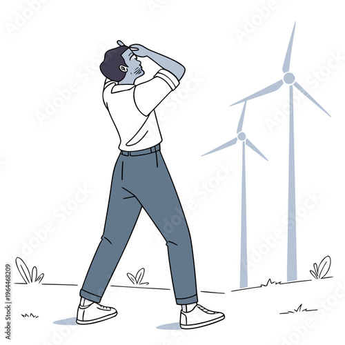 Man standing near wind turbines shielding eyes from sun