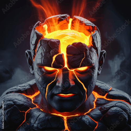 Fiery lava golem portrait with glowing magma cracks and intense eyes, dark fantasy elemental warrior, dramatic inferno power