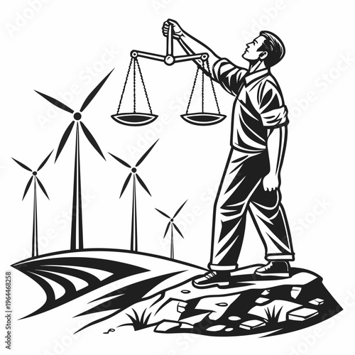 Man holding scales in front of wind turbines justice