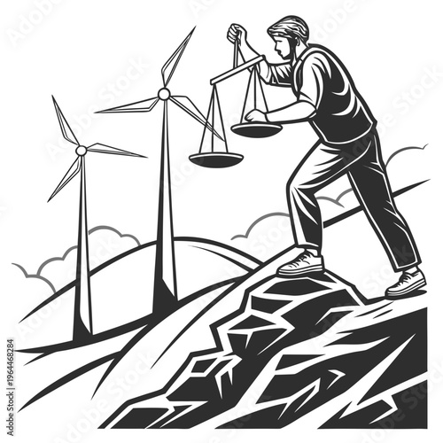 Man holding scales on rocky hill with wind turbines