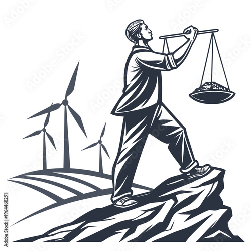 Man holding scales with rocks on rocky hill with wind turbines
