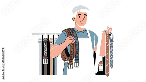 Belt Merchant Display: A skilled artisan, presenting an array of intricately crafted belts, showcasing his expertise and passion for design.