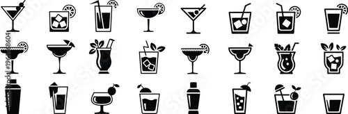 Set of cocktail glass and alcohol drinks silhouette vector illustration isolated on white background