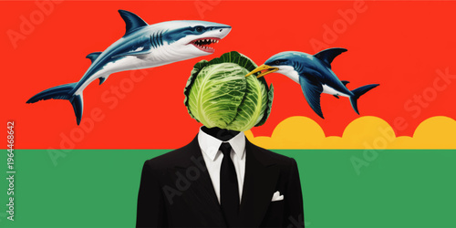 Surreal cabbage head businessman with sharks and bird on vibrant red green background, conceptual pop art collage illustration
