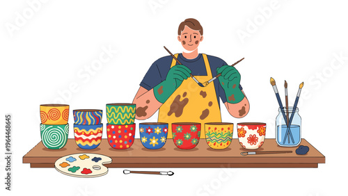 Artisan's Artistic Endeavor: An artisan meticulously paints intricate designs on a series of ceramic pots, capturing the essence of creativity and artisanal skill. 