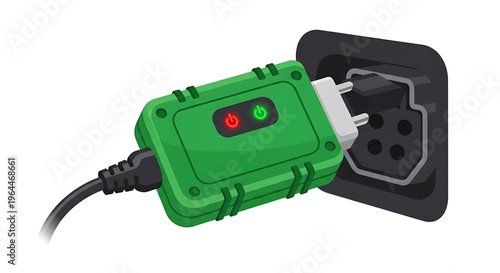 A green electrical plug adapter with a red and green indicator light plugged into a wall outlet
