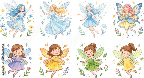 Cute Cartoon Fairies with Colorful Dresses and Wings, Featuring Different Poses and Floral Backgrounds for Kids' Illustrations, Magical Designs, and Digital Media