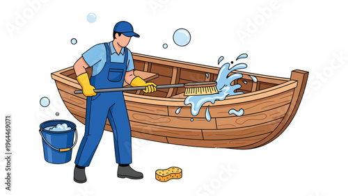 Maritime Sanitation: A diligent boat cleaner scrubs the interior of a wooden vessel, removing dirt and grime, ensuring pristine condition for an enjoyable voyage. 