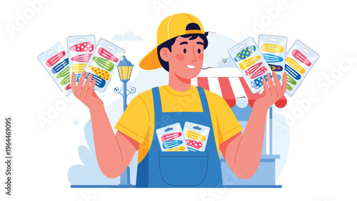 Street Vendor with Products Display: An animated street vendor presents a variety of goods for sale at a bustling outdoor market, embodying the essence of commerce and entrepreneurship.