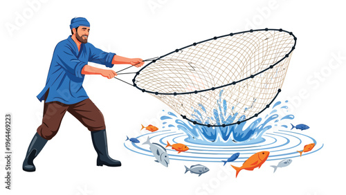 Fisherman's Bounty: A determined fisherman casts his net into the shimmering water, aiming for a bountiful catch. The scene captures the essence of a tranquil day at sea.