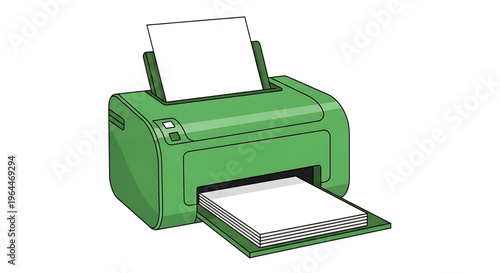 A green printer with a stack of paper coming out of it, symbolizing office productivity and efficiency.