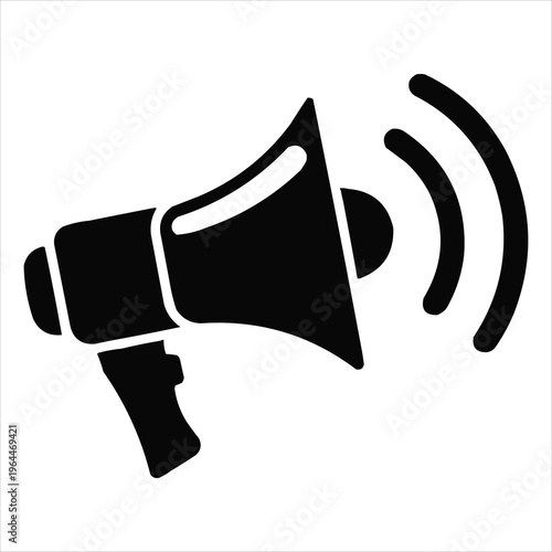 Black silhouette of a megaphone emitting sound waves, public awareness concept