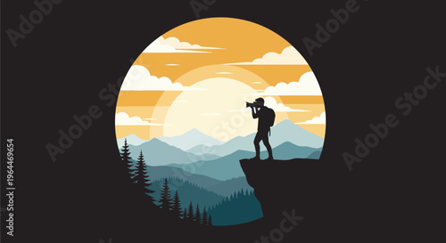 Silhouette of a photographer capturing the scenic mountain landscape at sunset.
